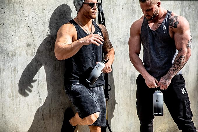 HYDRO CELL Stainless Steel Water Bottle with Straw & 2 Standard Mouth Lids (32oz 24oz 20oz 16oz) Keeps Liquids Hot or Cold w/Double Wall Vacuum Insulated Leak Proof Sport Design (Black/White 32oz)