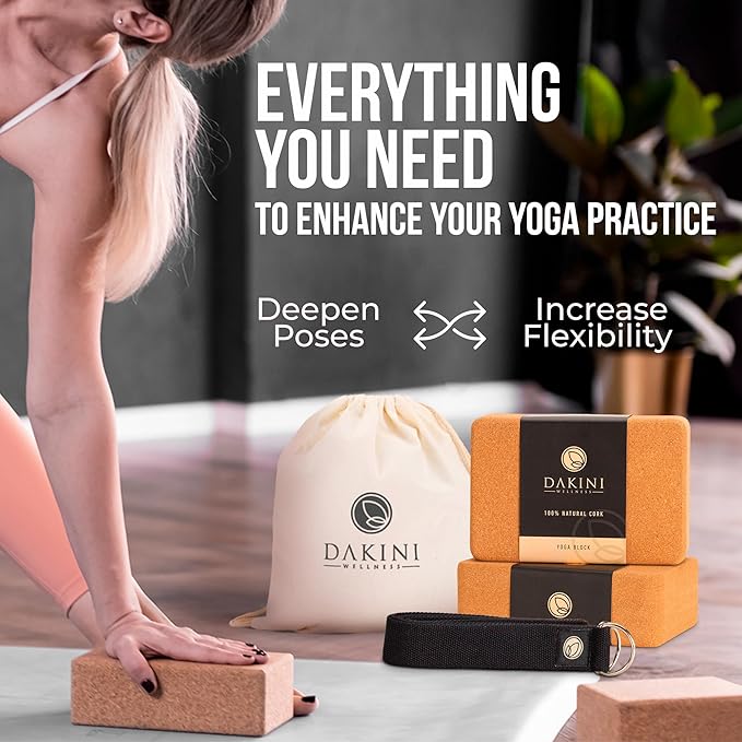 Cork Yoga Blocks 2 Pack with Strap- 9x6x3 Inch Natural Yoga Block Set of 2- Pilates Props and Accessories - High Density Cork Bricks For Exercise