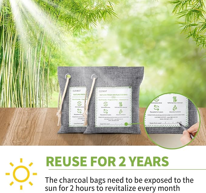 CLEVAST Bamboo Charcoal Air Purifying Bags (Large, 4×200g), Removes Odors and Moisture, Nature Fresh Air Purifier Bags, Odor Eliminator for Home, Car, Pets, Bathroom, Basement