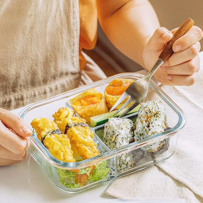 BAYZZ 5 Pack 35 Oz Glass Meal Prep Containers 3 Compartments, Glass Food Storage Containers, Lunch Bento Box with Airtight Lids, Microwave, Freezer & Dishwasher Safe