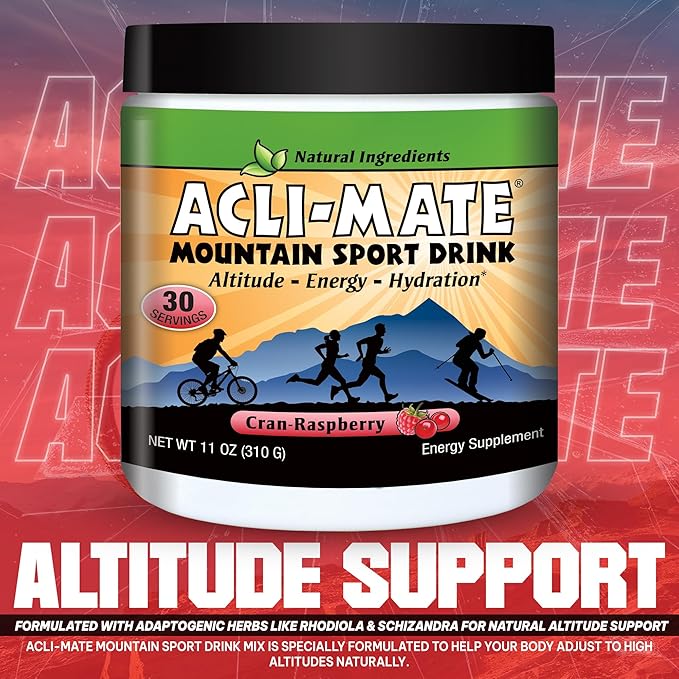 Acli-Mate Mountain Sport Drink Mix - High Altitude Acclimatization Electrolytes Powder - Energy Powder Mix - Recovery Hydration Drink for Running, Hiking, Cycling, Travel & More (1 Tub, CranRaspberry)