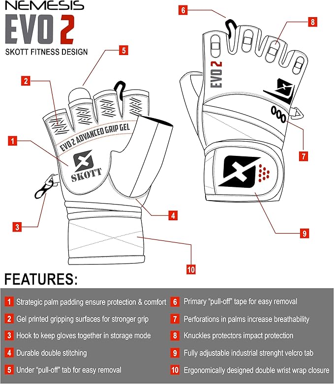 skott Evo 2 Weightlifting Gloves with Integrated Wrist Wrap Support-Double Stitching for Extra Durability-Get Ripped with The Best Body Building Fitness and Exercise Accessories