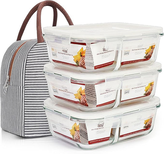 DAS TRUST 3 Pack Glass Food Storage Containers 2 Compartments Glass Meal Prep Containers with Lids for Adult Food Prep Containers with Divider Reusable Lunch Bento Box