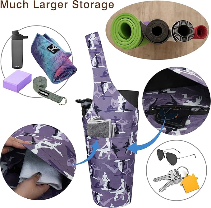Fashion Printed Yoga Mat Bag with Large Side Pocket & Zipper Pocket Long Tote Yoga Bag Fit Most Size Mats - Holds More Yoga Accessories
