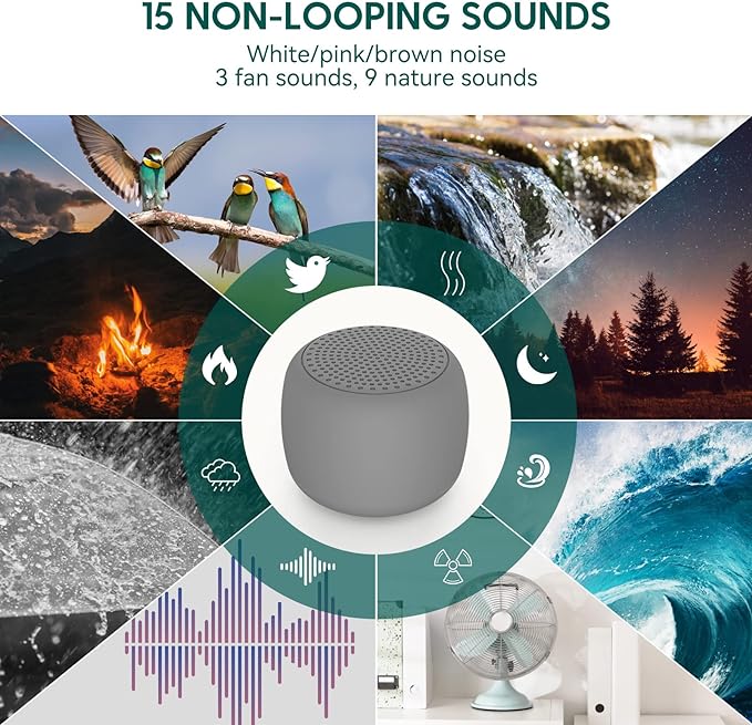 Babelio White Noise Sound Machine for Adults Kids Baby, Mini, 15 Non-looping Sounds, Timer, Memory Function, Easy to Pocket and Travel Gray