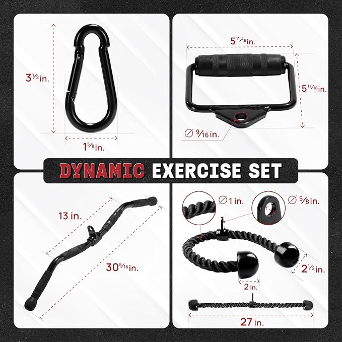 Yes4All Cable Machine Attachment, Row Handles, Tricep Rope, Straight Bar, V Bar, LAT Pulldown Accessories Load 880 LB for Home Gym