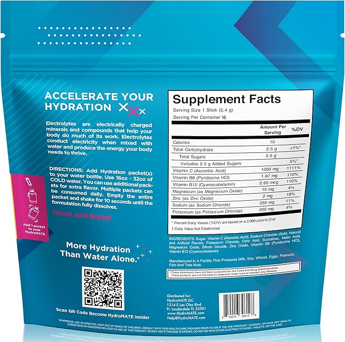 HydroMATE Electrolyte Powder Fruit Punch Hydration Packets Low Sugar 16 Count