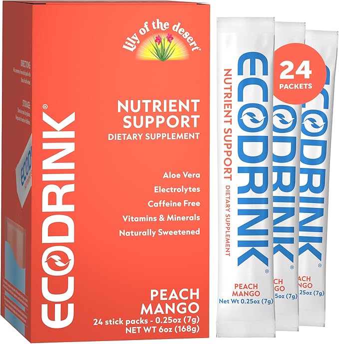 Lily of the Desert EcoDrink Nutrient Support Hydration Packets, Peach Mango – Naturally Sweetened Multivitamin Electrolyte Mix with Aloe, 24 Stick Packs/Box, 0.25 Oz Ea