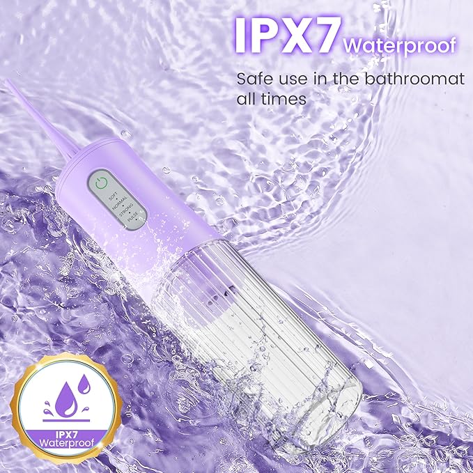Cordless Water Flosser for Teeth Cleaning Pick - Electric Dental Irrigator with 4 Cleaning Modes & 8 Jet Tips, IPX7 Waterproof, Portable Rechargeable Design for Home & Travel Use,Purple