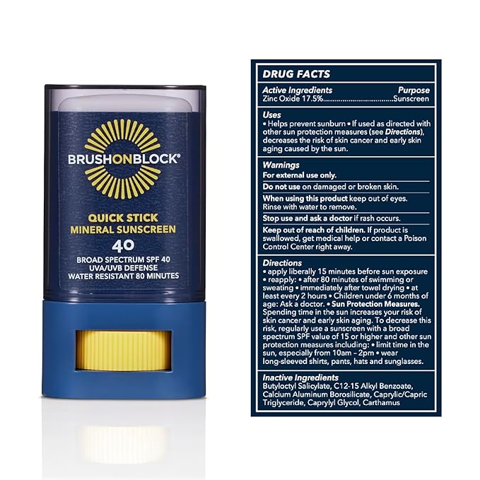 Brush On Block Quick Stick SPF 40, Mineral Sunscreen Stick, UVA/UVB Protection, Water Resistant, Hawaii Compliant, Reef Friendly, 0.63 oz