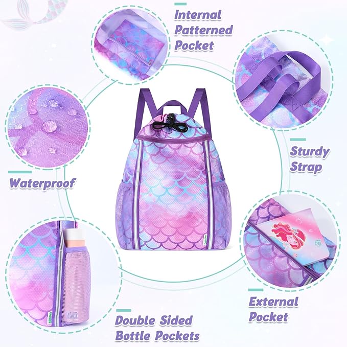 WAWSAM Kids Gym Drawstring Backpack String Bag, Mermaid Sports Gym Bag for Kids Girls Waterproof Swimming Beach String Cinch Backpack with Two Water Bottle Pocket
