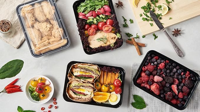 50 Pack Meal Prep Plastic Food Storage Containers With Lids 28 oz 1 Compartment Black Rectangular To Go Lunch Prepping Boxes BPA-Free Microwavable Freezer Safe Stackable (Formerly FULING)