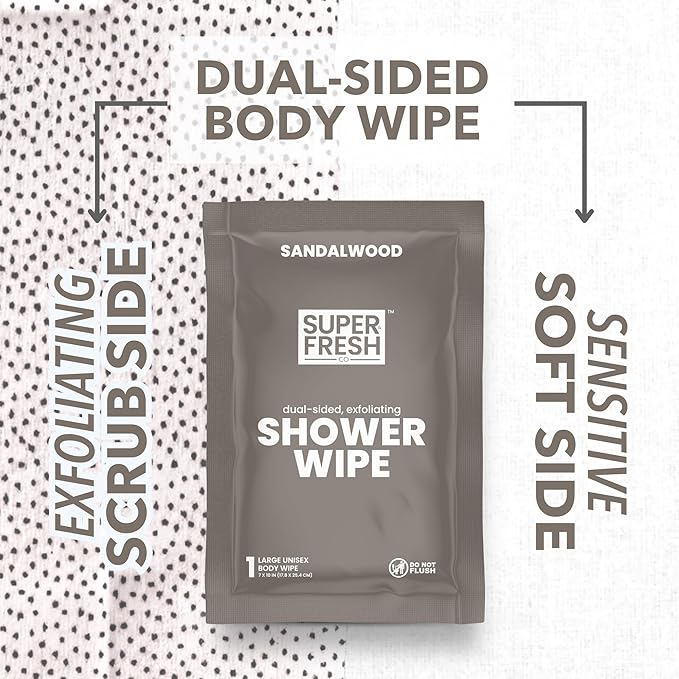 Super Fresh Shower Wipes Large Sandalwood Body Wipes for No Rinse Bathing Personal Hygiene Gym Travel or Camping Enriched with Aloe and Vitamin E 10 Individually Wrapped Disposable Sheets