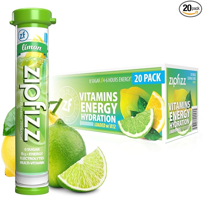Zipfizz Daily Energy Drink Powder, Limon, 20 Pack | 3-in-1 Sustained Energy, Rapid Hydration, and Essential Vitamins | Sugar-Free | Electrolyte Powder | Contains Vitamin B-12 & Antioxidants