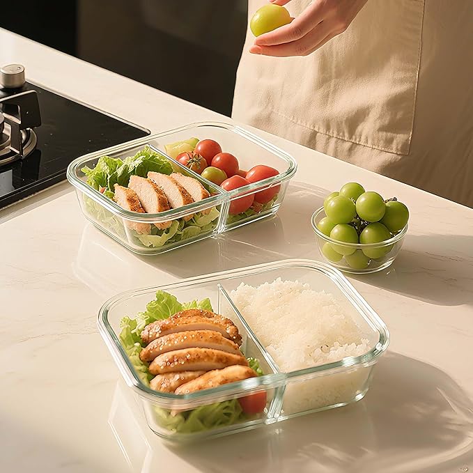BAYZZ 5 Pack 35 Oz Glass Meal Prep Containers 2 Compartments, Glass Storage Containers with Lids, Airtight Lunch Bento Boxes, BPA-Free, Microwave and Freezer Safe