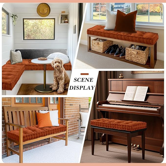 Bench Cushions for Indoor Furniture 42x16 in Velvet Kitchen Dining Piano Window Seat Cushion, Tufted Patio Porch Swing Thicken Bench Pad Memory Foam(Cinnamon)
