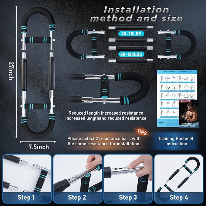 Twister Arm Trainer,30-120lb Adjustable,Chest Trainer for Men & Women with 4 Springs & Train Poster,Arm Trainer for Chest Clip Muscle & Arm Strength