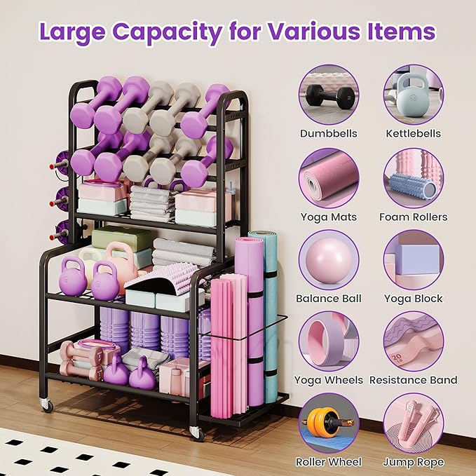 Homeiju Dumbbell Rack, Weight Rack for Home Gym, Yoga Mat Storage Holder with Lockable Wheels, Dumbbell Stand with Hooks, All in One Work out Equipment Storage for Yoga Mat Dumbbell and Balls
