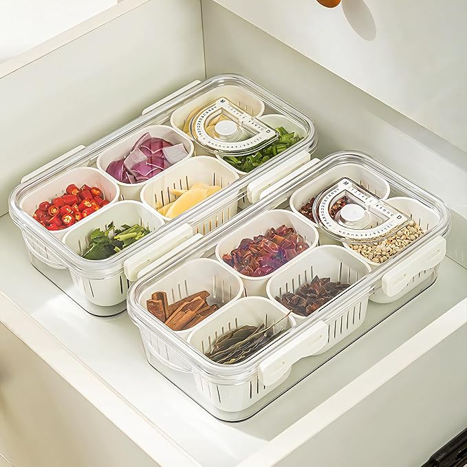 MineSign 2Pack Divided Food Serving Tray with Lids Stackable Snackle Box for Candy Nuts Spice Fruit&Veggie Container with 6 Small Dividers Plastic Storage Bins for Fridge Pantry Freezer