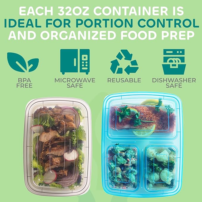 Food Storage Containers With Lids - (24 Pack-32 Oz) 12- 3 Compartment Meal Prep Containers Reusable Or Disposable & 12- Single Food Storage Bento Boxes, Bpa Free, Microwave, Freezer, Dishwasher Safe