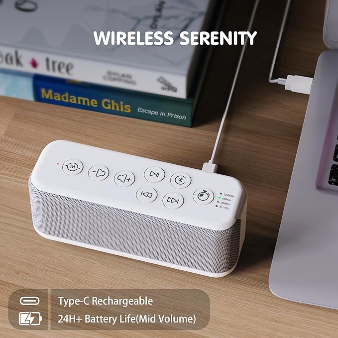 OnLyee White Noise Sound Machine with Bluetooth Speaker, 15 Soothing Sounds, Office Privacy & Noise Canceling, 3000mAh Rechargeable Battery, Auto-Off Timer & 8-Level Volumeā Ideal for Baby