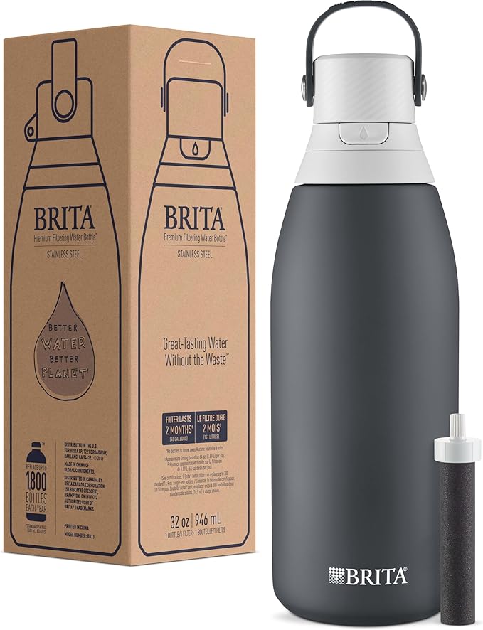 Brita Stainless Steel Premium Filtering Water Bottle, BPA-Free, Reusable, Insulated, Replaces 300 Plastic Water Bottles, Filter Lasts 2 Months or 40 Gallons, Includes 1 Filter, Carbon - 32 oz.
