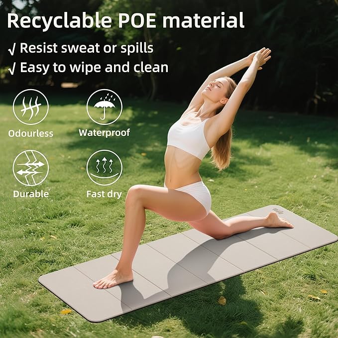 1/2inch Extra Thick Foldable Yoga Mat with SGS Certified Odourless POE Material - Light Weight Non Skid Easy to Clean Travel Workout Excercise Mat, 71x24inch