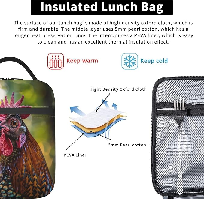 Insulated Lunch Box for Women Men, Rooster Theme Lunch Box Reusable Portable Lunch Bag Cooler Tote Waterproof Lunch Container for Office Picnic Work Travel
