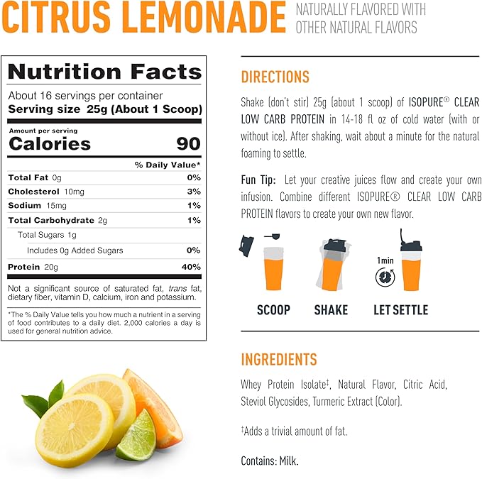 Isopure Clear Whey Isolate Protein Powder, Lactose Free, Gluten Free, Naturally Flavored, Citrus Lemonade, 20g Protein Per Serving, 14.1 Oz, 16 Servings (Packaging May Vary)