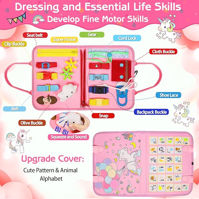 Esjay Toddler Busy Board Montessori Toys for Girls, Sensory Board Educational Activities for Learning Fine Motor Skills, Birthday Gifts for Girls Toddlers, Travel Toys for Airplane Car, Fairy Horse