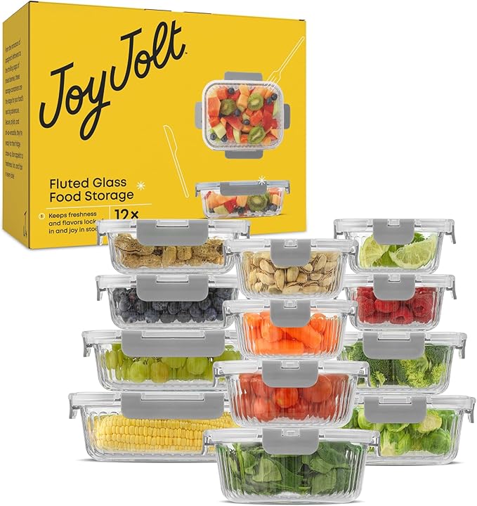 JoyJolt 24pc Borosilicate Glass Storage Containers with Lids | 12 Airtight/Freezer Safe Food Storage Containers for Pantry and Kitchen | Meal Prep Container for Lunch | Glass Tupperware Set