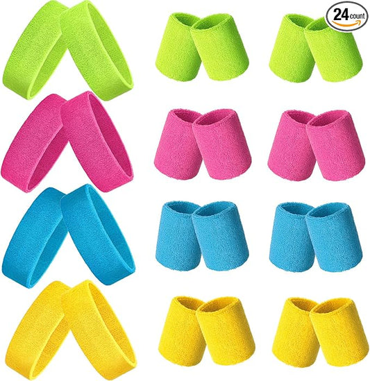 24 Pieces 80s Neon Sweatbands Set, Include 8 Sports Headbands and 16 Sweat Wristbands Elastic Athletic Tennis Sweat Bands Bulk for Man Woman