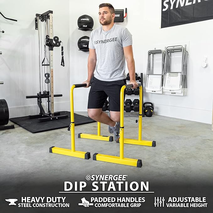 Synergee Dip Bar. Adjustable Dip Station from 30” – 39” for Dips, Inverted Pull Ups. Max capacity 400 lbs. Portable Dip Stand for Total Body Workout. Available in Yellow and Black.