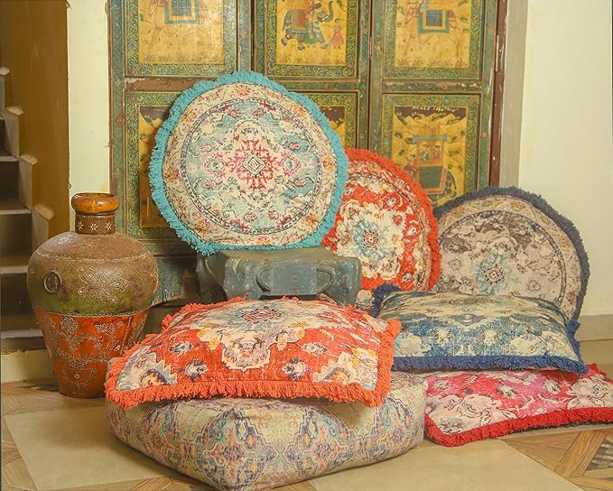 Mandala Life ART Square Meditation Cushion Cover with Fringes - 26 inches - Printed Vintage Blue Cotton Boho Chic Pillow Case