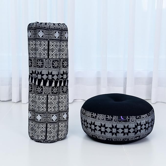 Leewadee Meditation Cushion Set – 1 Small Zafu Yoga Pillow and 1 Small Roll-Up Zabuton Mat Filled with Kapok