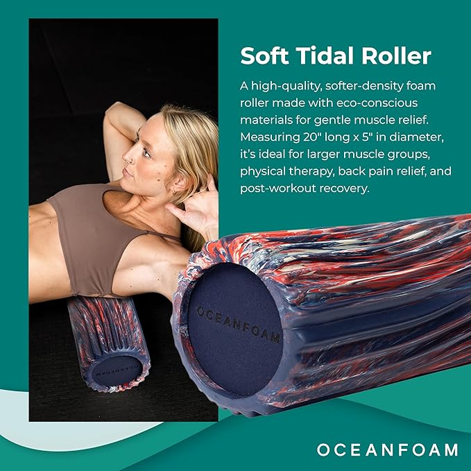 Oceanfoam Soft Tidal Roller (Dark Navy, Red and Natural Marbled) - Low Density Foam Roller for Physical Therapy, Back Pain, Exercise & Stretching - Wave Textured - Yoga, Wellness - Full Size, 20" x 5"