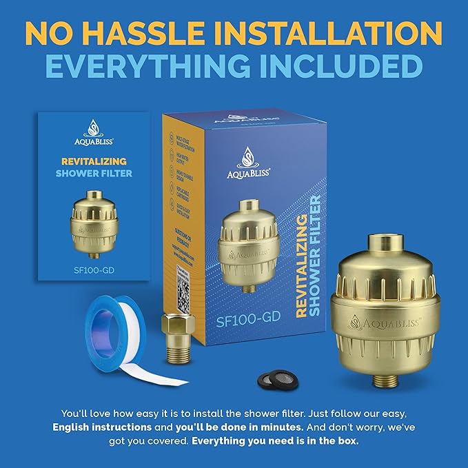 AquaBliss High Output Revitalizing Shower Filter - Reduces Dry Itchy Skin, Dandruff, Eczema, and Dramatically Improves The Condition of Your Skin, Hair and Nails - Matte Gold (SF100-GD)