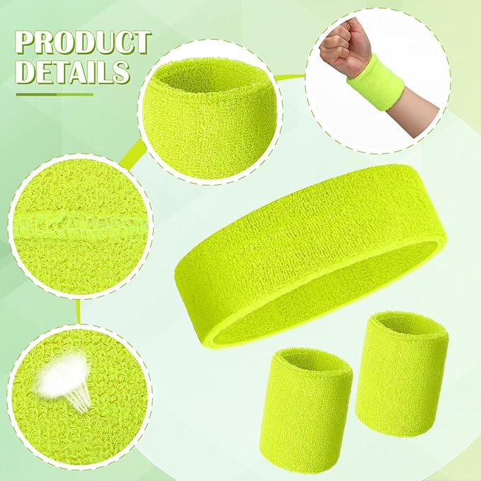 24 Pieces 80s Neon Sweatbands Set, Include 8 Sports Headbands and 16 Sweat Wristbands Elastic Athletic Tennis Sweat Bands Bulk for Man Woman