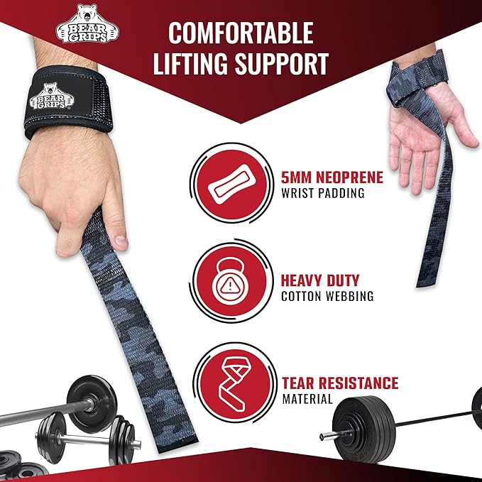 Bear Grips Lifting Straps - Gym & Weightlifting Straps for Men & Women, Deadlift Support, 2 Pairs