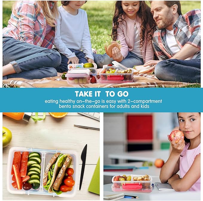 4 Pack Plastic Snack Containers with Lids, 2 Compartment Food Container for Kids Snack Box, Travel Bento Lunch Containers with forks for Fruits/Candies, Divided Food Storage Containers for School