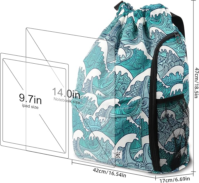 Drawstring Backpack with Mesh Pockets String Gym Bag Sackpack Sandproof Water Resistant Beach Backpack for Men Women