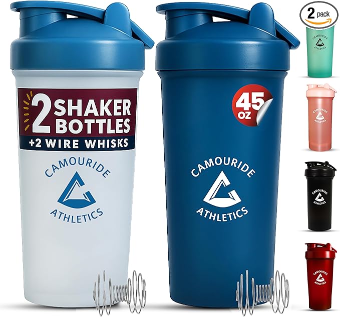 2 Pack 45 oz Protein Shaker Bottles with Wire Whisk – BPA-Free, Leak-Proof Shaker Cups for Protein Shakes & Smoothies – Large Plastic Mixer Bottle – Classic White & Cobalt Blue.