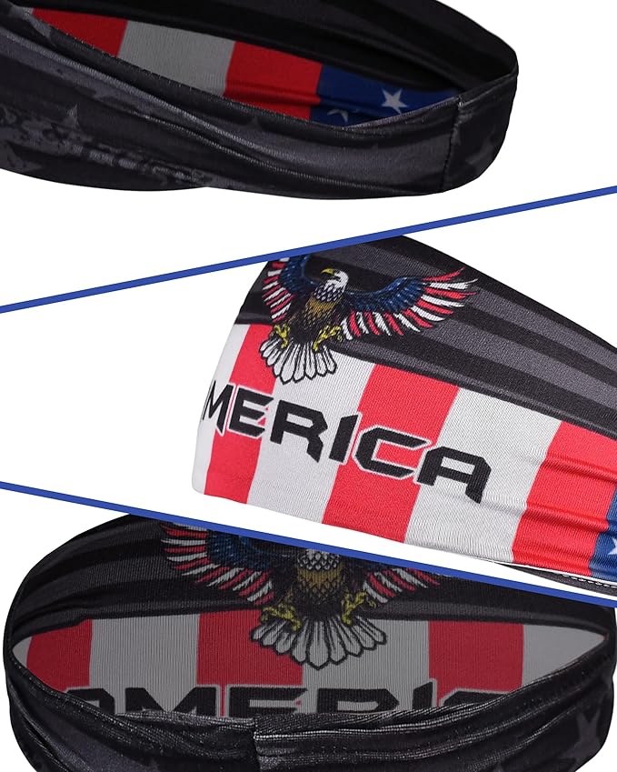 Reversible Patriotic USA Headband β 2 Styles in 1: Eagle Print on One Side & Matte Black American Flag on The Other β Non-Slip Stretch Fit for Gym, Sports, Men & Women