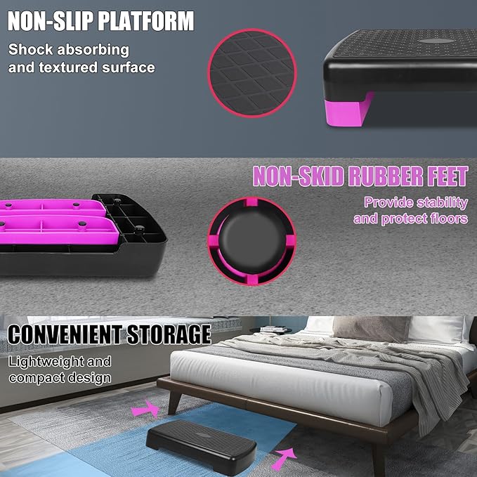 Height-Adjustable 4''-6'' Step Aerobics Platform Fitness Equipment Stepper Trainer Exercise Step Platform with 2 Riser