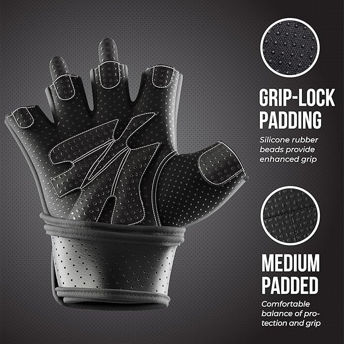 5737 Womens Padded Wrist Wrap Weight Lifting Gloves w/GripLock Padding (Pair) - Machine Washable Fingerless Workout Gloves w/Wrist Support Designed for Women