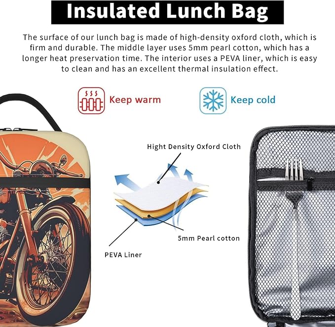 Insulated Lunch Box for Women Men, Vintage Motorcycle Theme Lunch Box Reusable Portable Lunch Bag Cooler Tote Waterproof Lunch Container for Office Picnic Work Travel