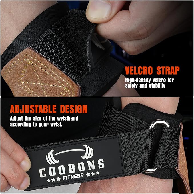 Lifting Wrist Straps for Weightlifting, Double Layer Leather for Weight Lifting Wrist Wraps, Deadlifts, Heavy Powerlifting and Adjustable Wrist Hooks for Strength Training, Gym Workouts Men/Women