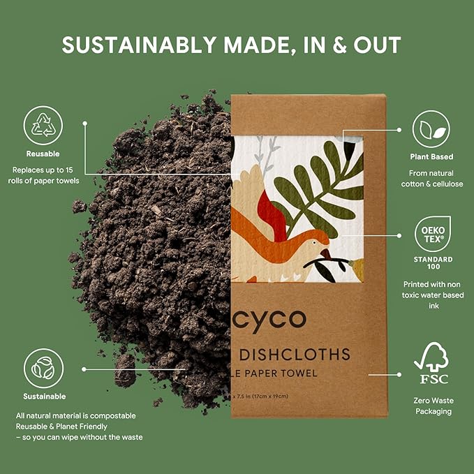 RECYCO Swedish Dishcloths for Kitchen | 6 Pack Birdsong and Blooms Washable Dish Rags | Cellulose Reusable Cleaning Paper Towels | Absorbent Counter Dish Cloth Sponge Kitchen Wipes, 8" L x 7" W