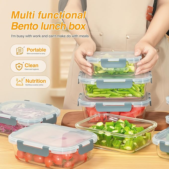 5 PACK 36 oz Glass Meal Prep Containers, Glass Food Containers with Snap-Lock Lids, Airtight Lunch Containers, Microwave, Oven, Refrigerator and Dishwasher Safe,Gray