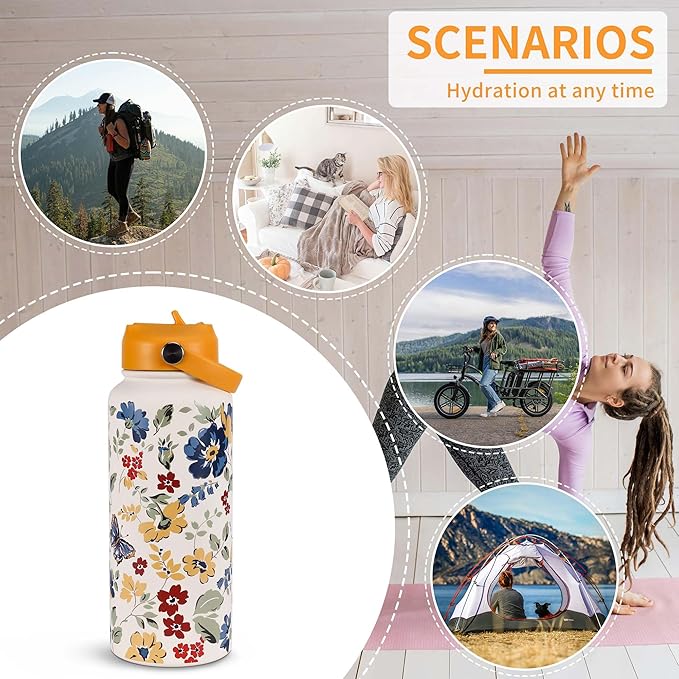 Goetland Flowers Water Bottle Beverage Bottle with Straw Lid 32 oz Stainless Steel Wide Mouth Vacuum Insulated Cute UV Printing Leak Proof For Women Girls Kids Bright Yellow